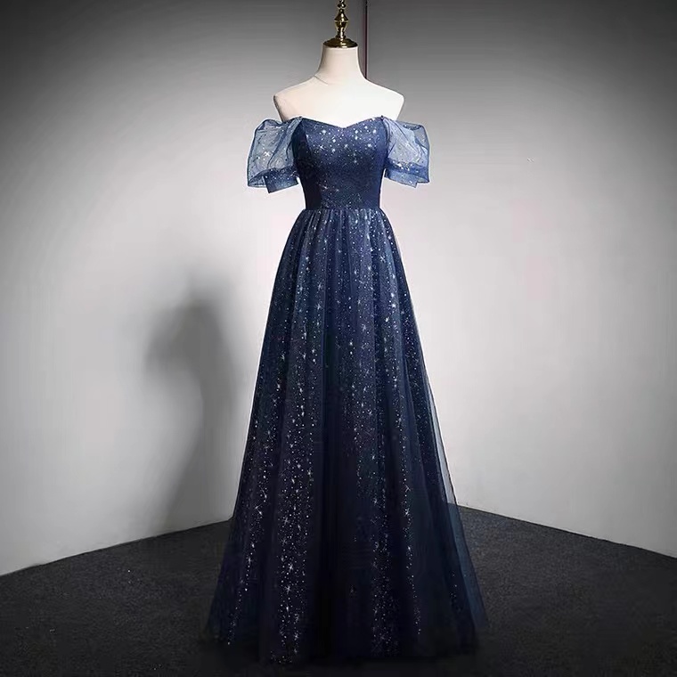 Off Shoulder Evening Dress,dream Prom Dress, Navy Blue Glitter Party Dress,custom Made