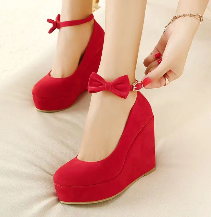 Wedges, Shallow Mouth, One Line With Round Head Red Wedding Shoes, High Heel Single Shoes, Waterproof Platform Women's Shoes