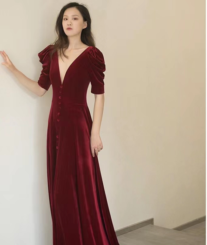 Red Prom Dress, Elegant Party Dress,velvet Slit Evening Dress,,custom Made