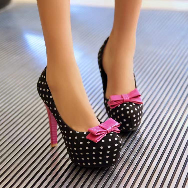 Sweet, high heel round toe single shoes, cute bow skinny heels