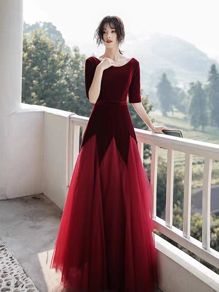 Long Sleeve Prom Dress, Red Evening Dress,velvet Party Dress,red Fomal Dress,custom Made
