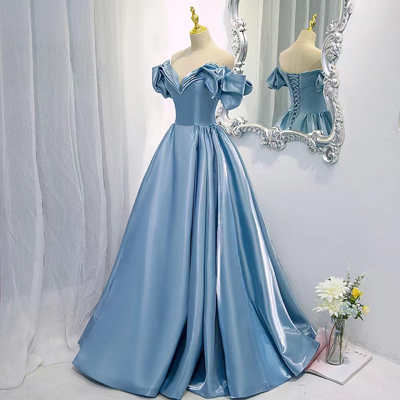 Silkly birthday dresses,blue evening dresses, satin prom dresses, off-the-shoulder party dresses,custom made