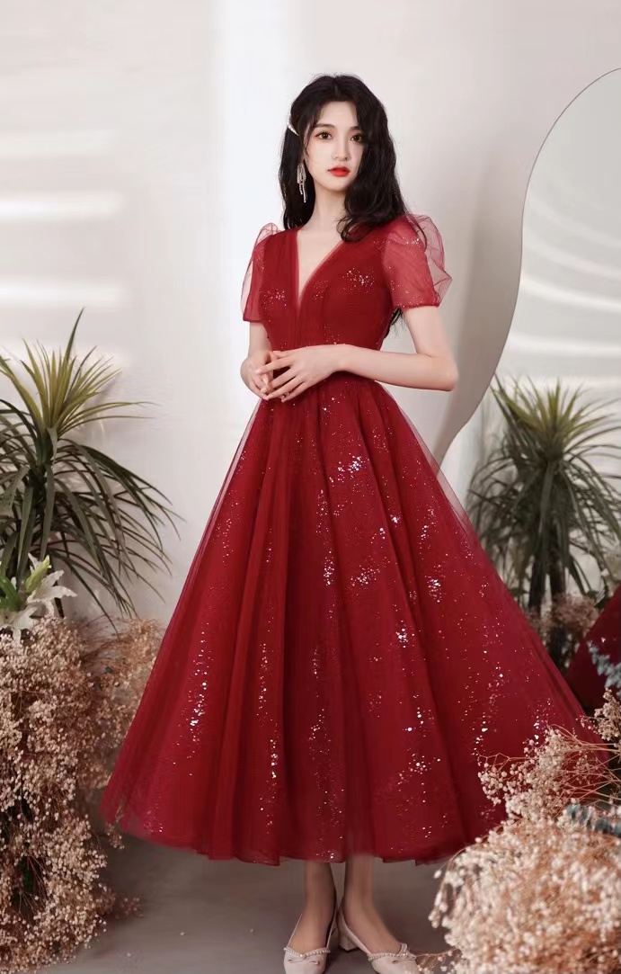 V-neck prom dress, red party dress, fairy evening dress,Custom made
