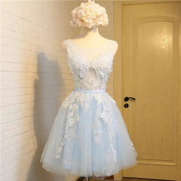 Sleeveless Homecoming Dress,light Blue Prom Dress,chic Birthday Dress With Lace,o-neck Homecoming Dress,custom Made