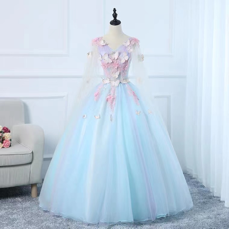 V-neck Quinceanera Dress, light Blue Prom Dress Ball Gown Long Quinceanera Dress Floral Flowers Masquerade Prom Dress Wedding Bride Gown,custom