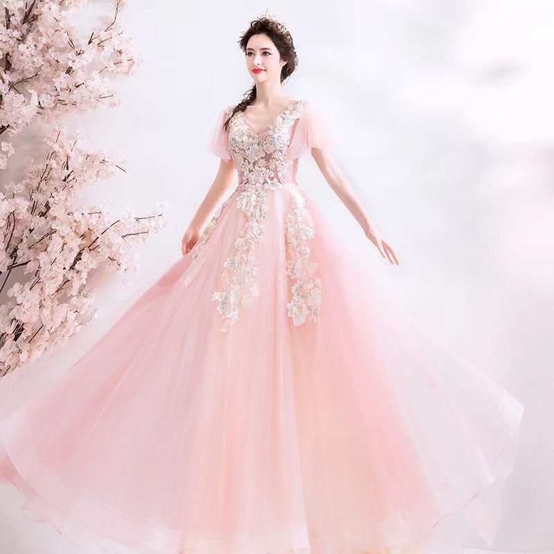 V-neck Evening Dress,pink Prom Dress,sweet Party Dress,custom Made
