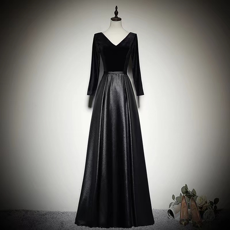 V-neck Evening Dress,black Prom Dress,long Sleeve Party Dress,custom Made
