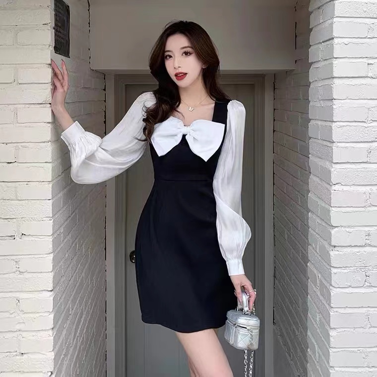 Bow Splicing Collision Color Dress Female, Spring, Square Collar Closed Waist Slimming Dress