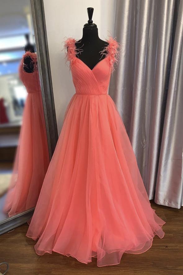 V-neck prom dress, watermelon bridesmaid dress,chic party dress,Custom made