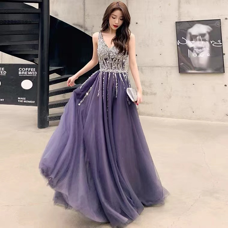 V-neck prom dress, purple bridesmaid dress,sexy party dress with bead,Custom made