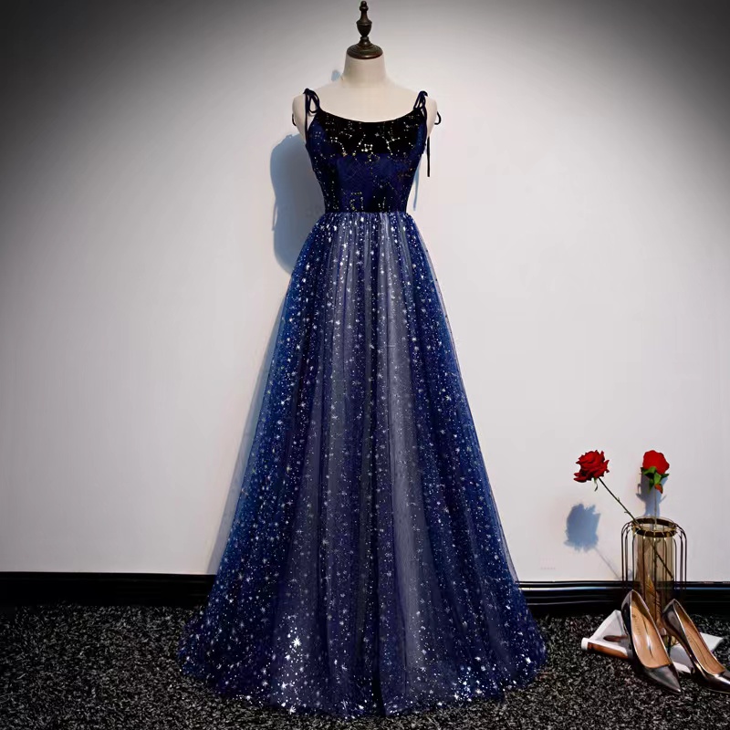 Dream evening dress, navy blue prom dress, spaghetti strap party dress,custom made