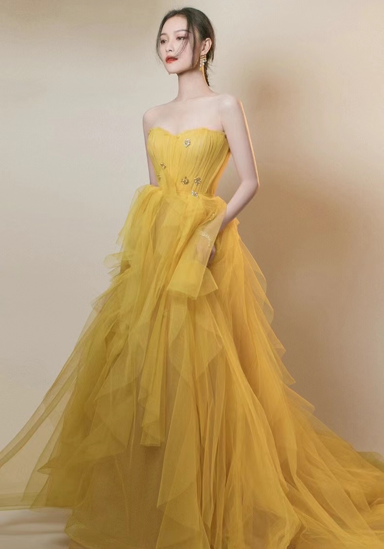 Strapless Prom Dress, Yellow Evening Dress,bright Party Dress,custom Made