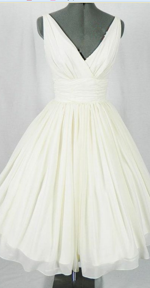 V-neck Bridesmaid Dress, White Party Dress,chiffon Evening Dress,custom Made