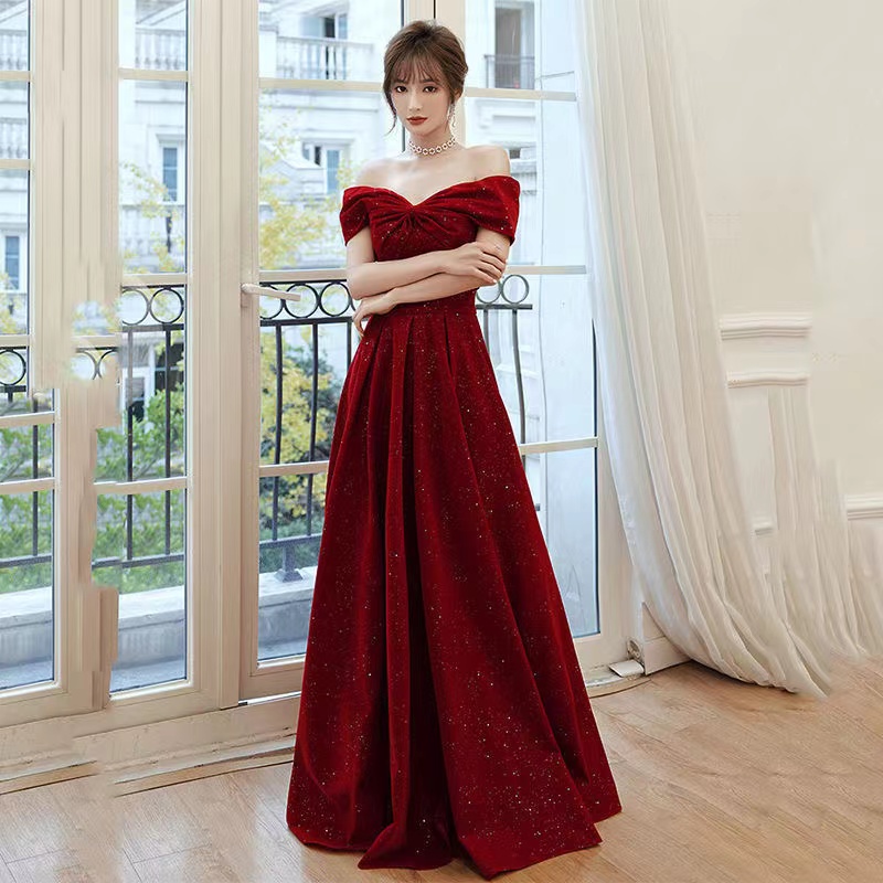 Off Shoulder Evening Dress, Red Party Dress, Velvet Prom Dress,custom Made