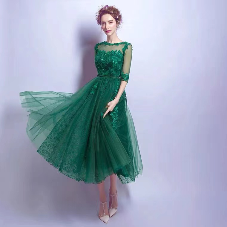 Dark Green Prom Dress, Elegant Formal Dress,o-neck Midi Dress,mid-sleeve Lace Dress,custom Made