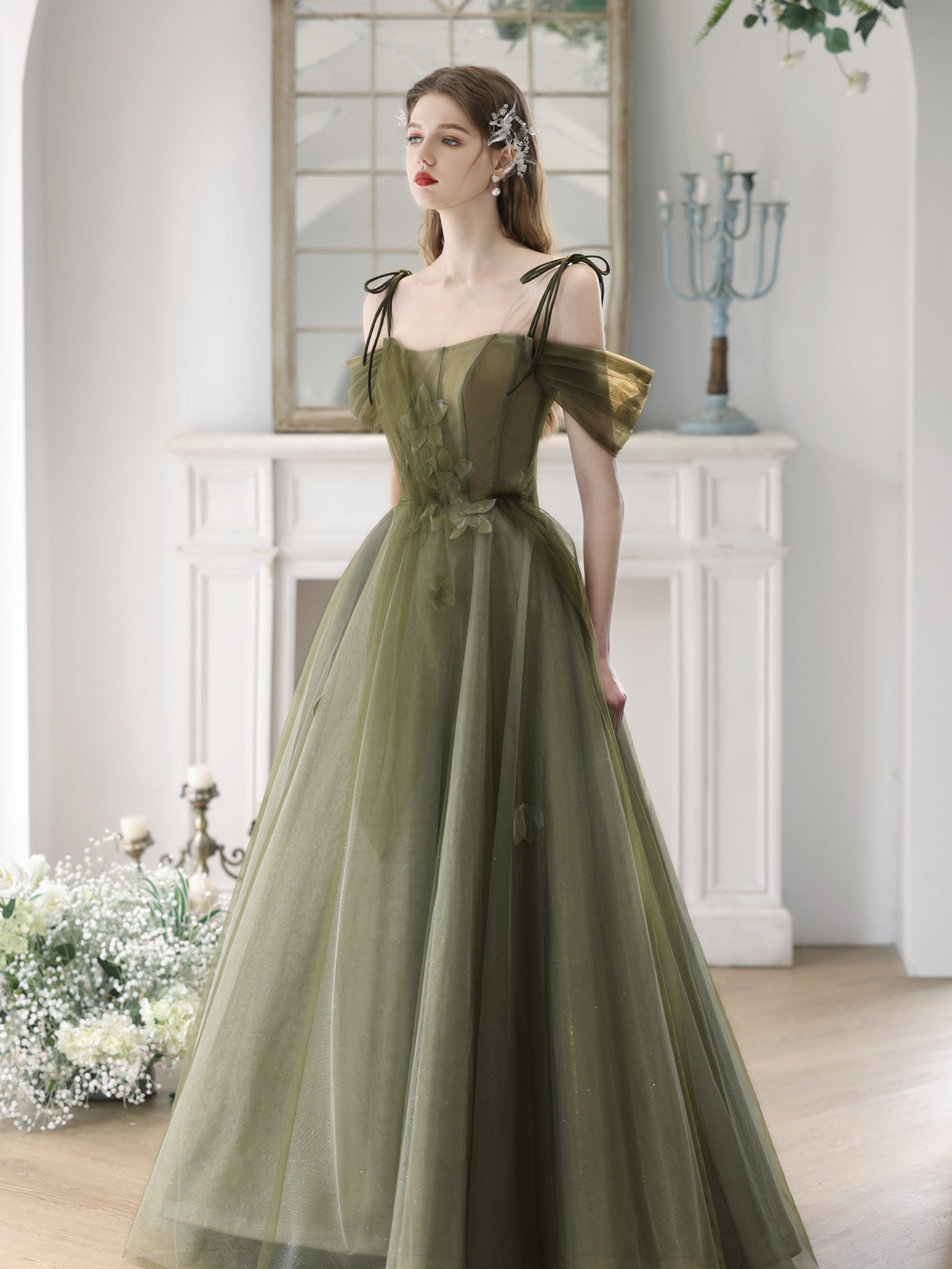 Spaghetti Strap Evening Dress ,fairy Prom Dress,olive Green Party Dress,custom Made