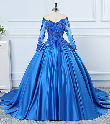 Long Sleeve Evening Dress ,satin Prom Dress,royal Blue Party Dress,luxury Ball Gown Dress,custom Made
