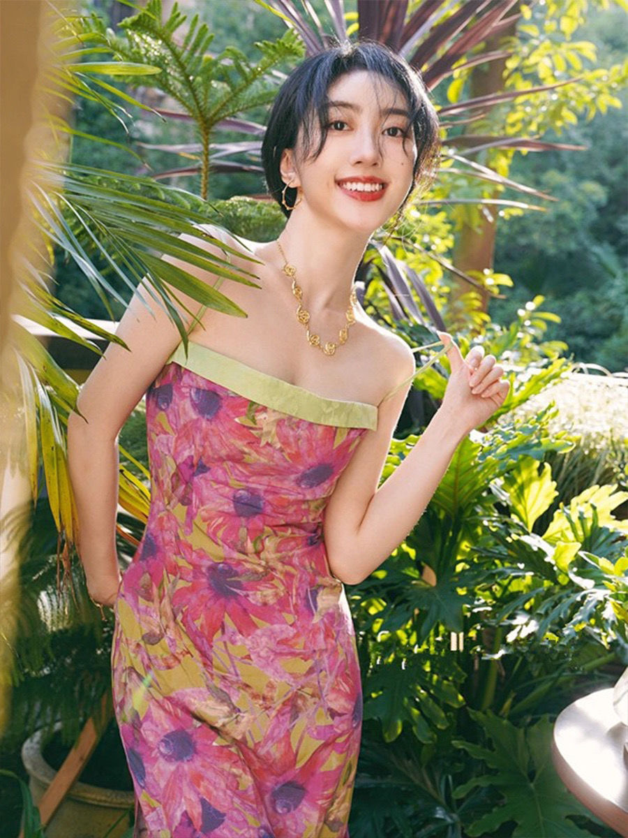 Unique,spaghetti Strap Dress ,pretty Bodycon Dress,floral Oil Painting Dress