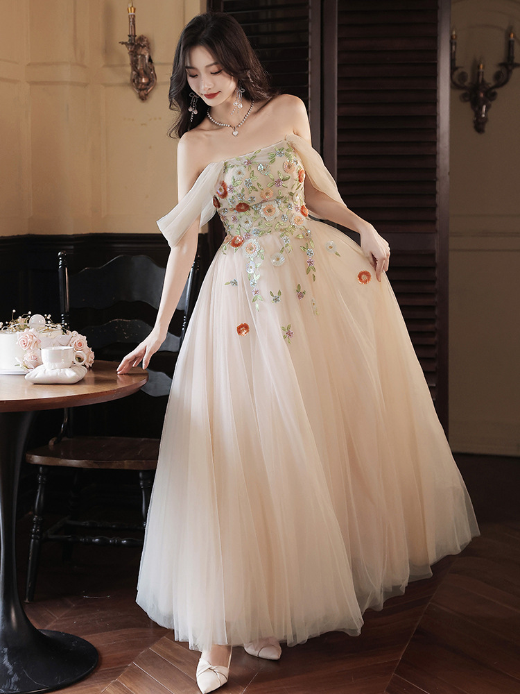 Champagne Evening Dress, Off Shoulder Fairy Temperament Dress, Long Embroidered Puffy Little Dress,custom Made
