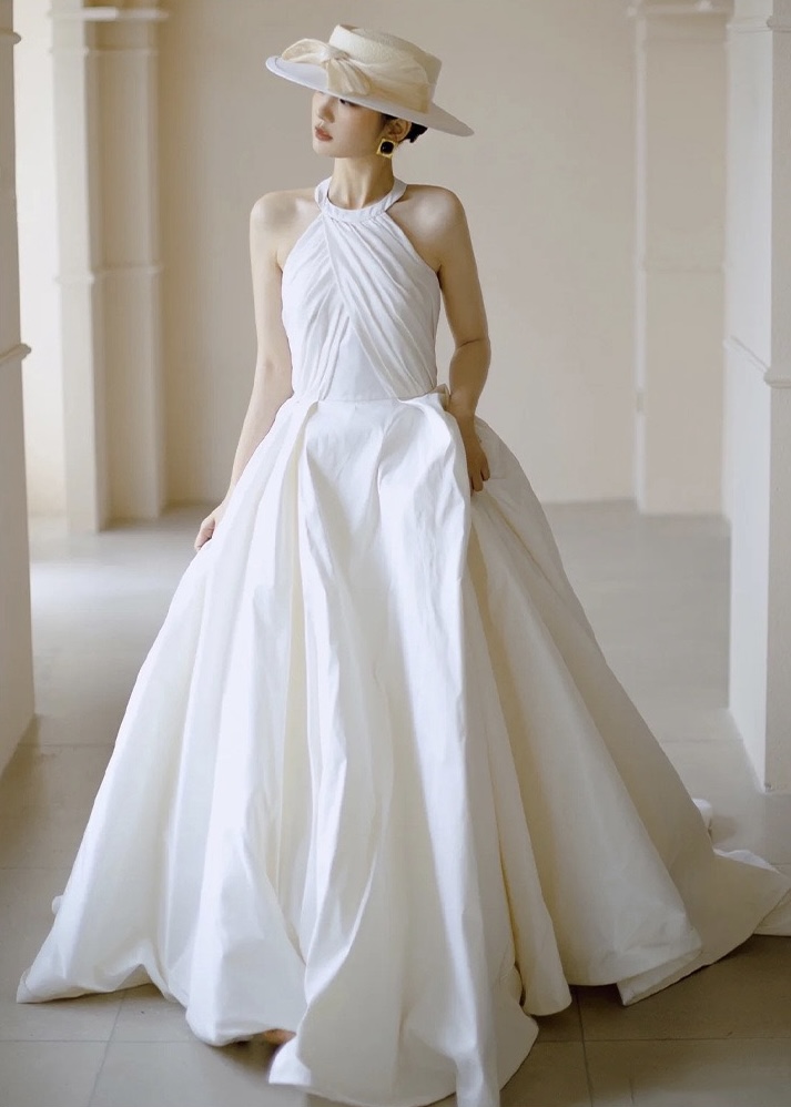 Satin Light Wedding Dress, Halter Neck Bridal Dress, Sexy White Dress,custom Made