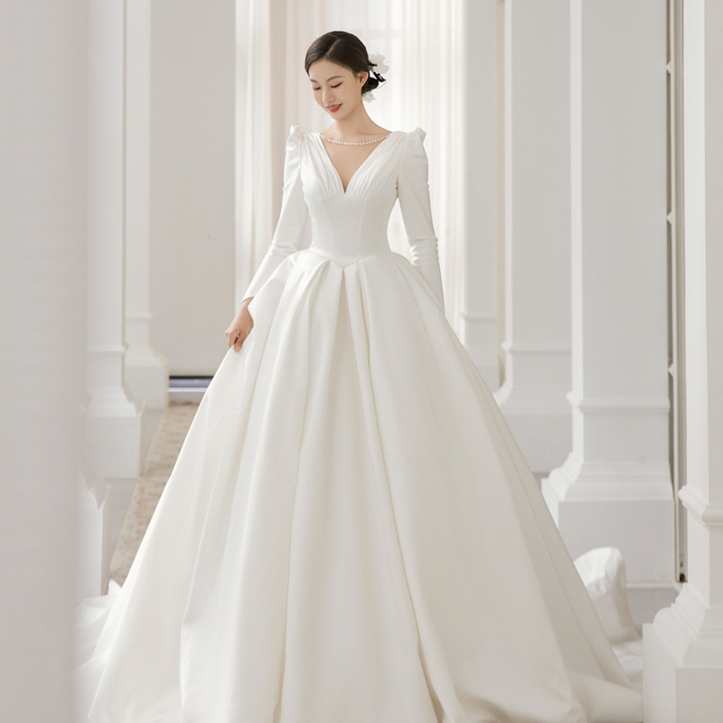 Satin Light Wedding Dress , Bridal Wedding Dress,long Sleeve White Dress With Training,custom Made