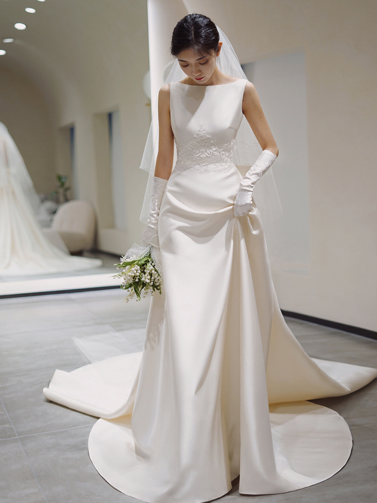 Satin Light Wedding Dress , Bridal Wedding Dress,sleeveless White Dress,elegant Bridal Dress,custom Made