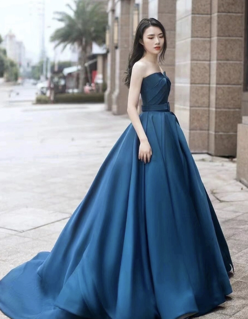 Strapless Evening Dress,blue Prom Dress ,luxury Party Dress,custom Made