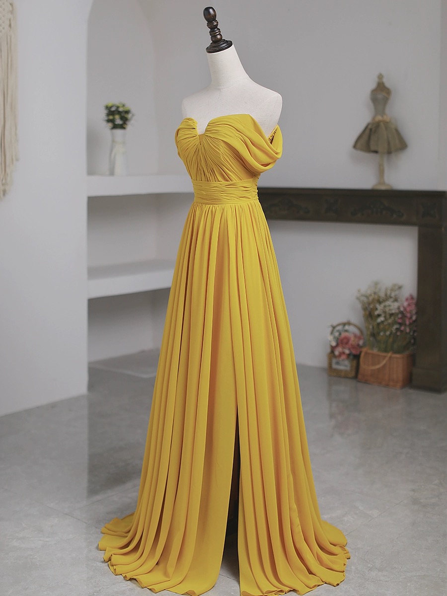 Off Shoulder Evening Dress,yellow Prom Dress ,bright Party Dress,chiffon Bridesmaid Dress,custom Made
