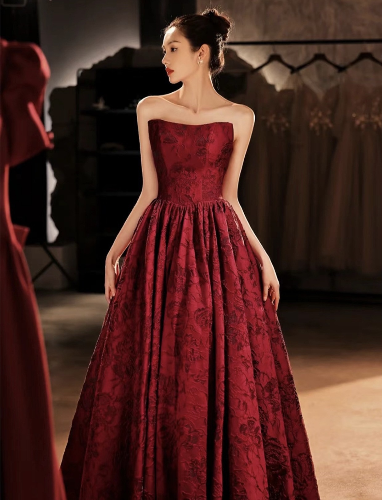 Strapless Evening Dress,burgundy Prom Dress ,elegant Party Dress,unique Jacquard Dress, Custom Made