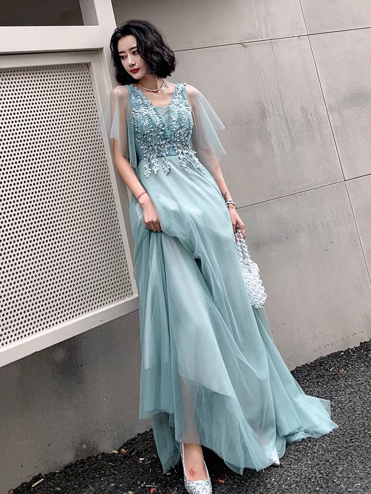 V-neck Prom Dress, Stylish Long Party Dress, Fairy Birthday Party Dress, Blue Bridesmaid Dress,custom Made