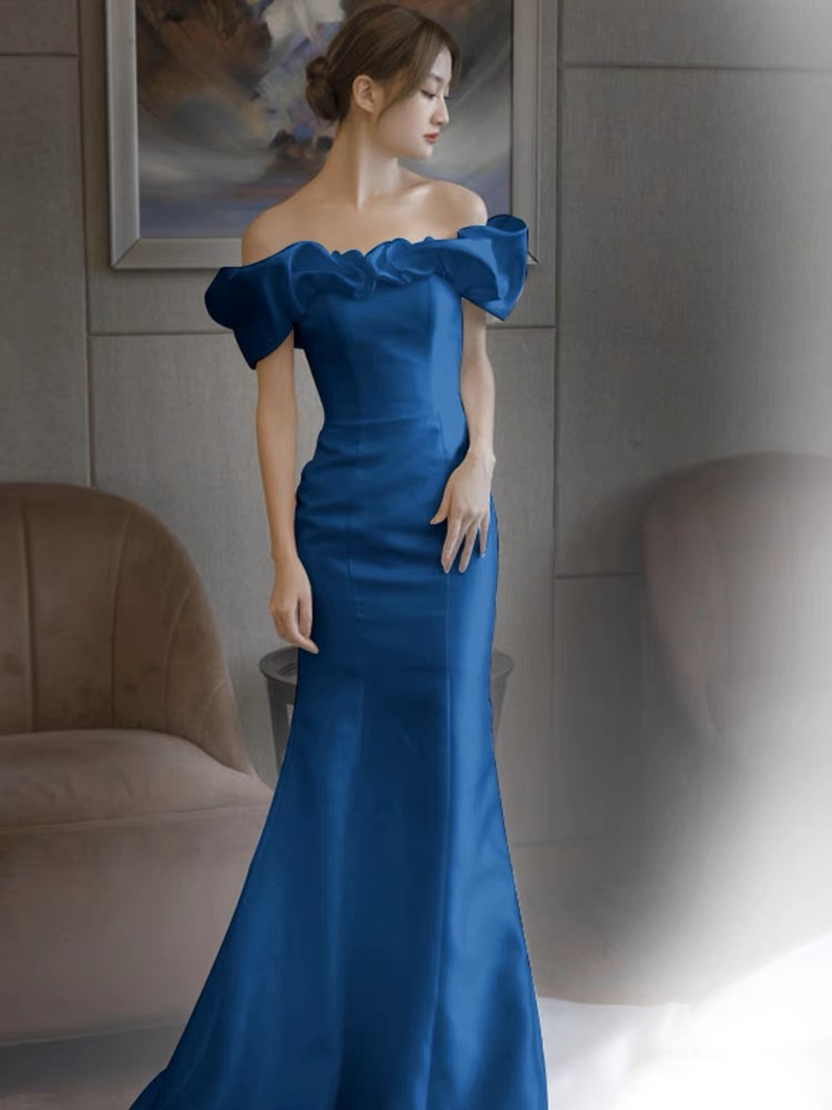 Blue Evening Dress, Light Luxury Party Dress, Off-shoulder Memaid Prom Dress,custom Made