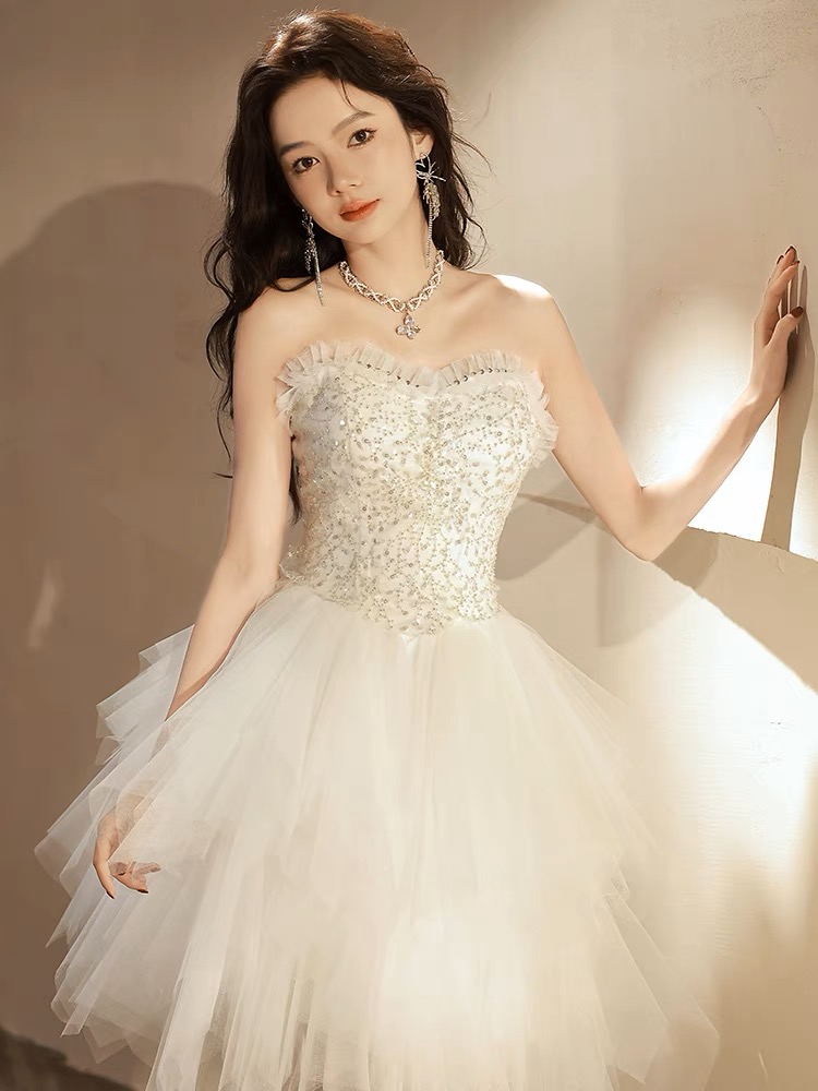 White Prom Dress, Fancy Princess Dress, Birthday Party Dress Cute Graduation Dress,strapless Homecoming Dress,custom Made