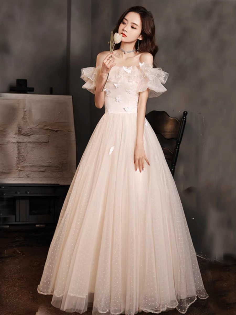 Off-shoulder Evening Dress, Princess Applique Dress, Fairy Party Dress, Champagne Prom Dress,custom Made