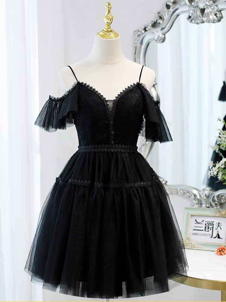 Spaghetti Strap Prom Dress,black Evening Dress,lace Homecoming Dress,custom Made