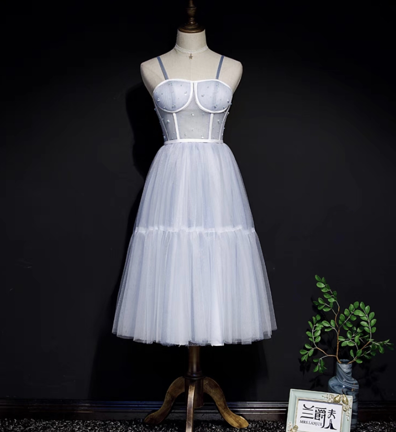 Blue Prom Dress, Fancy Princess Dress, Birthday Party Dress ,cute Graduation Dress,spaghetti Strap Midi Dress,custom Made