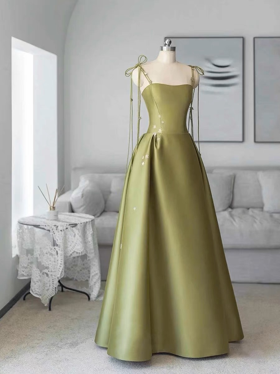 Green Evening Dress, Fresh Party Dress, Satin Spaghetti Strap Prom Dress,cute Party Dress,custom Made