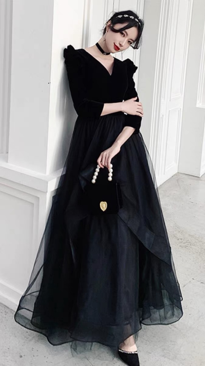 V-neck Prom Dress,black Evening Dress,long Sleeve Party Dress,custom Made