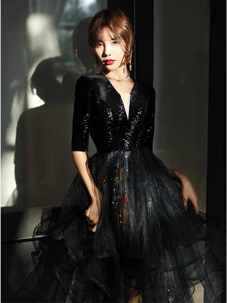 Black Party Dress, Elegant Prom Dress, Mid Sleeve Homecoming Dress,glitter Formal Dress,custom Made