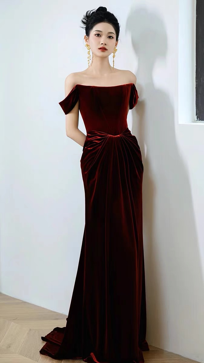 Off Shoulder Party Dress, Velvet Dress ,red Evening Dress,vintage Dress,custom Made