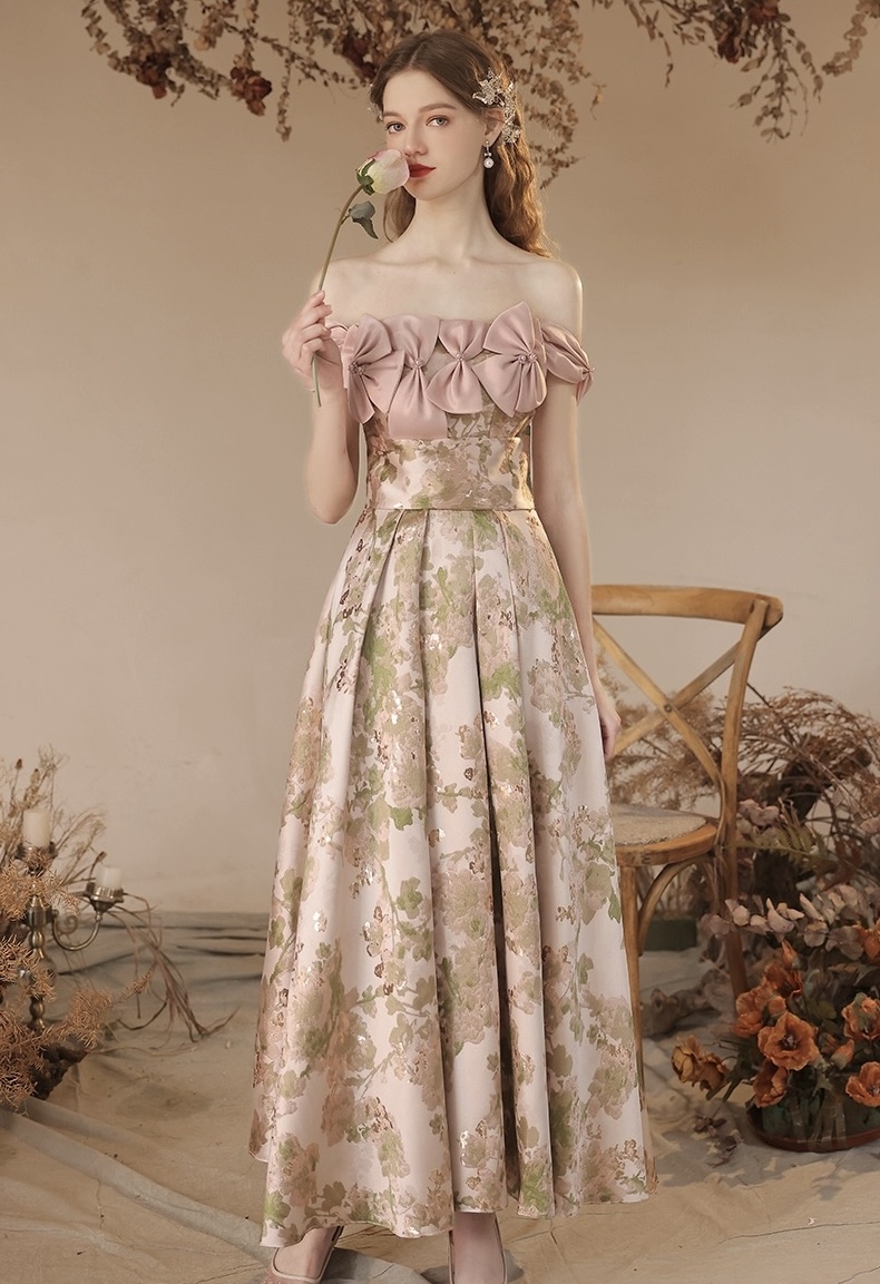 Off Shoulder Bridesmaid Dress, Pink Floral Dress , Vintage Glamour Prom Dress Cute Party Dress,custom Made