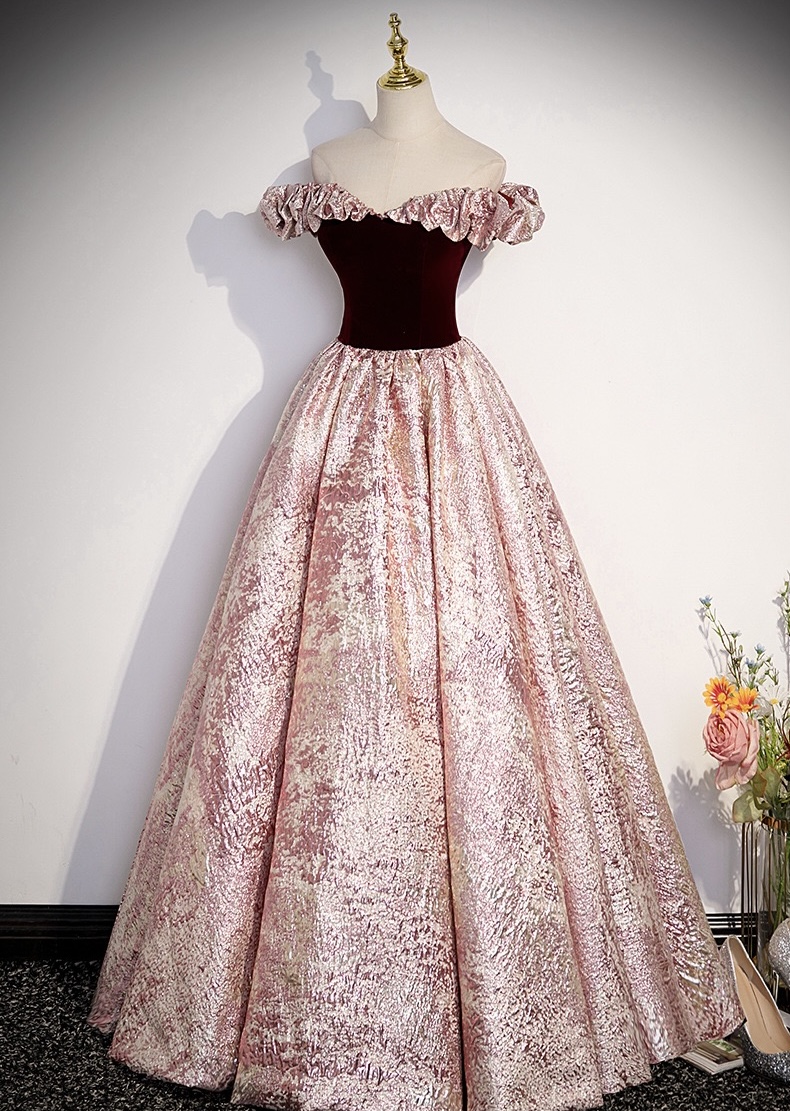Off Shoulder Prom Dress, Pink Party Dress , Vintage Jacquard Party Dress,custom Made