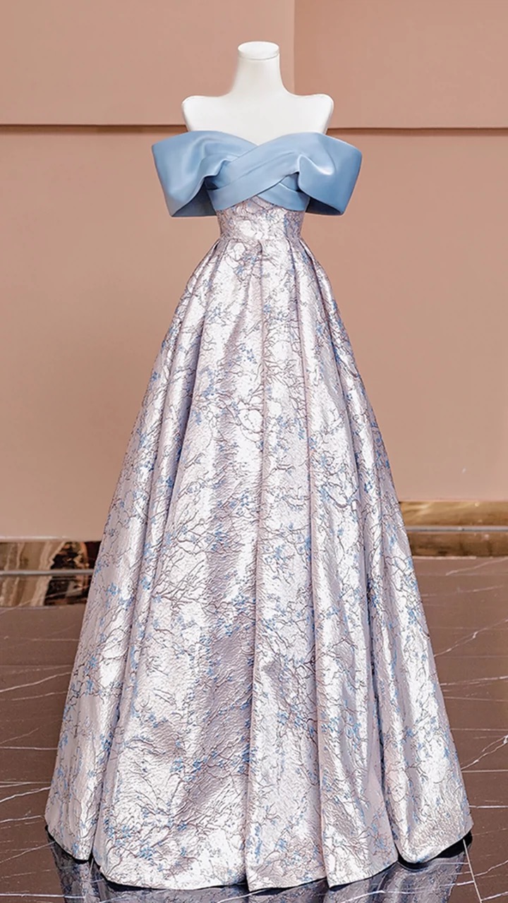 Off Shoulder Prom Dress, Blue Party Dress , Vintage Jacquard Party Dress,custom Made