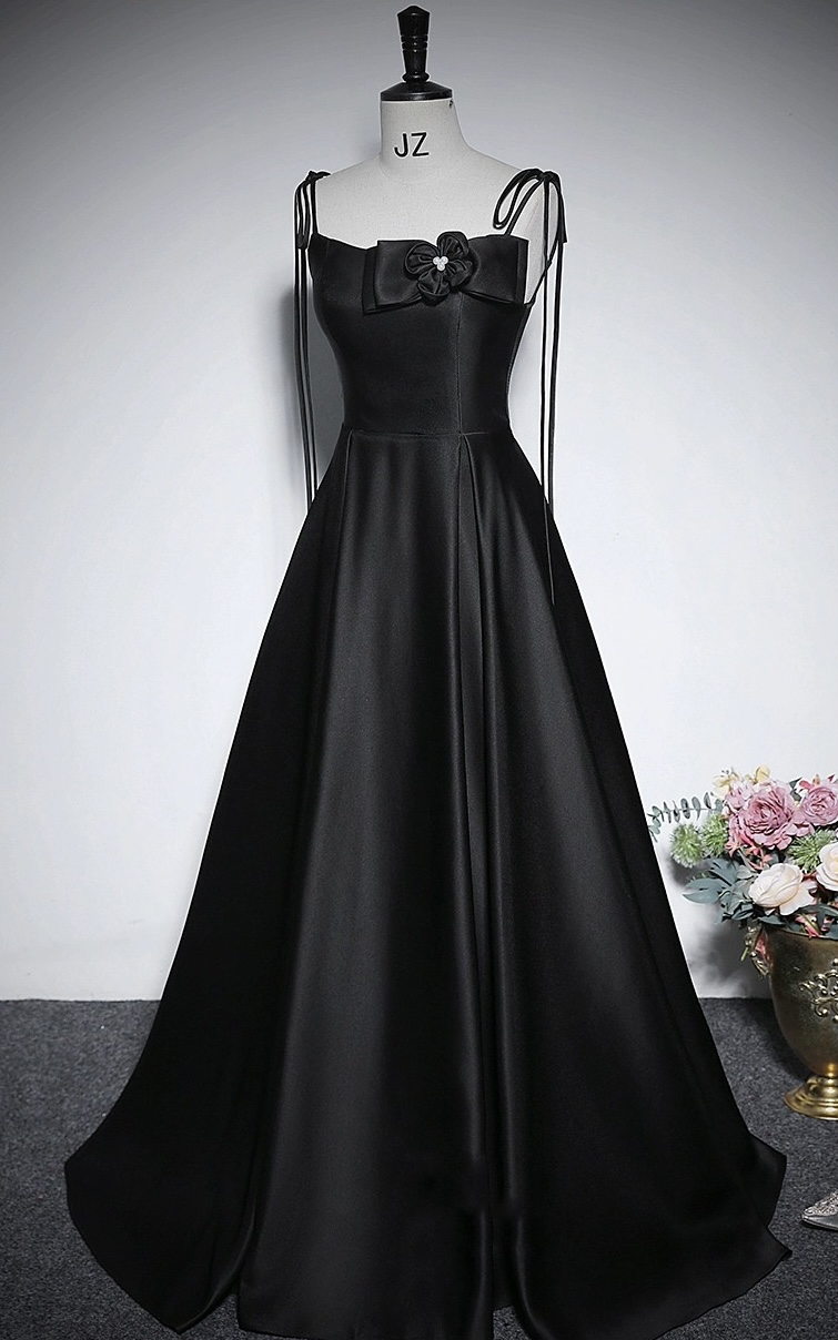 Black Party Dress,satin Evening Gown,spaghetti Strap Prom Dress ,custom Made
