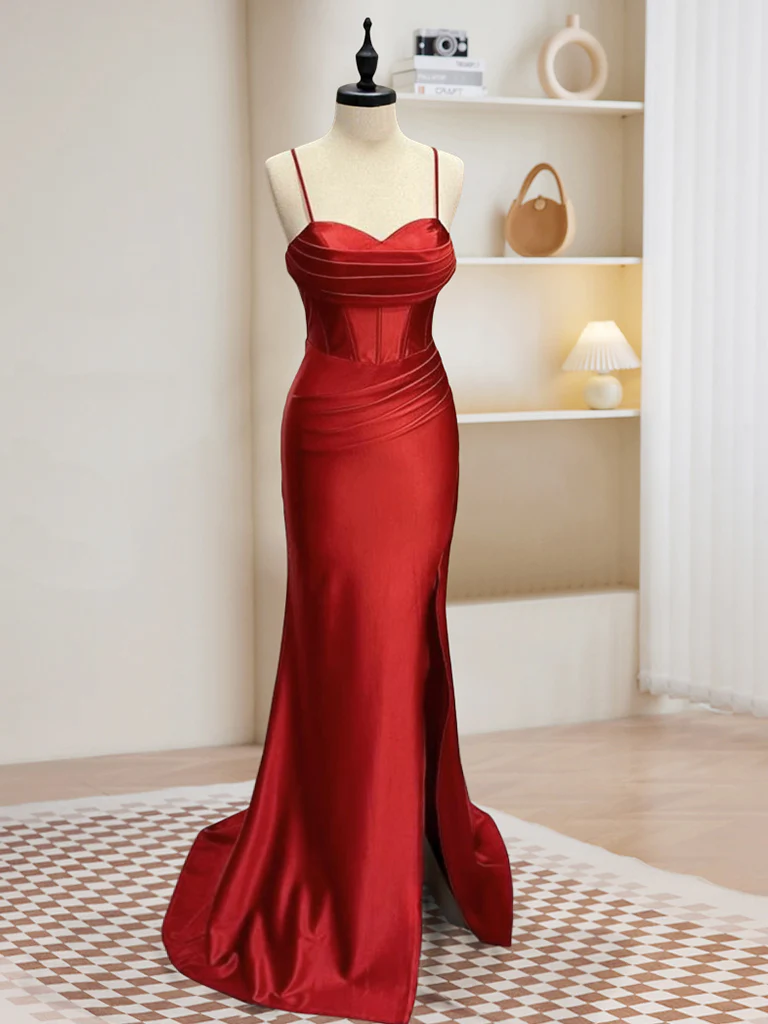 Glamorous Red Carpet-ready Silken Evening Dress With Delicate Straps
