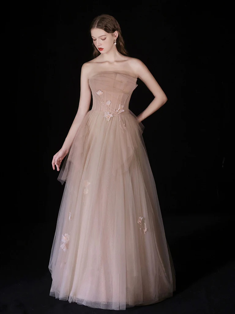 Champagne A-line Tulle Long Prom Dress, Champagne Long Formal Dress,straples Party Dress