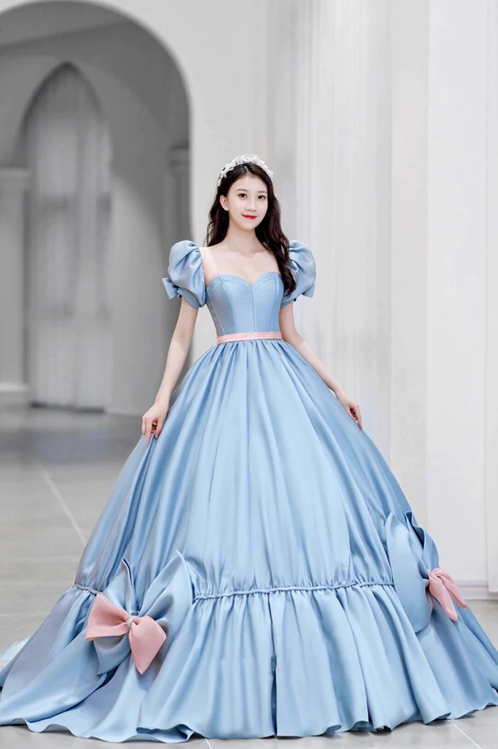Blue Satin Long Princess Dress, Cute Short Sleeve Ball Gown Sweet 16 Dres