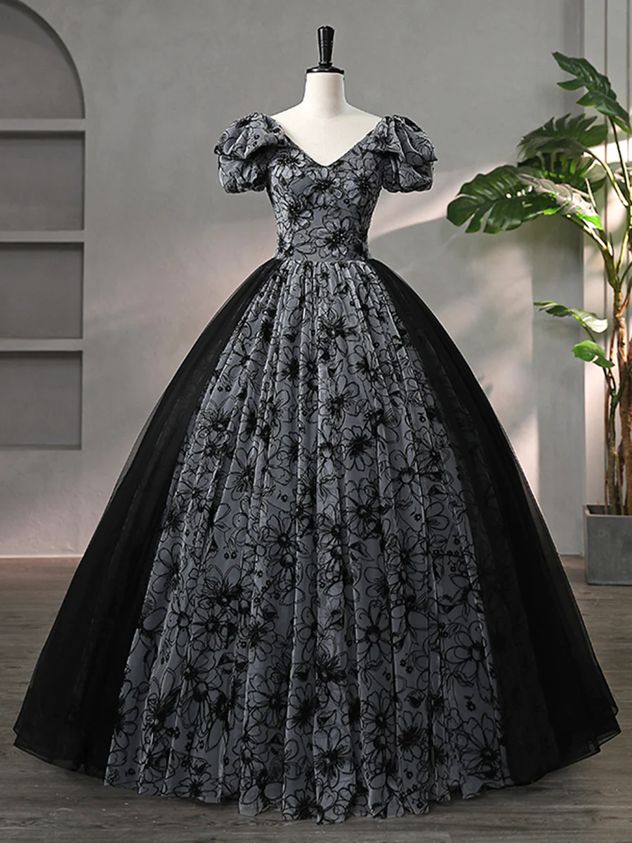 Beautiful Black Rhinestone Flower Prom Dress, Black V-neck Short Sleeve Evening Dress