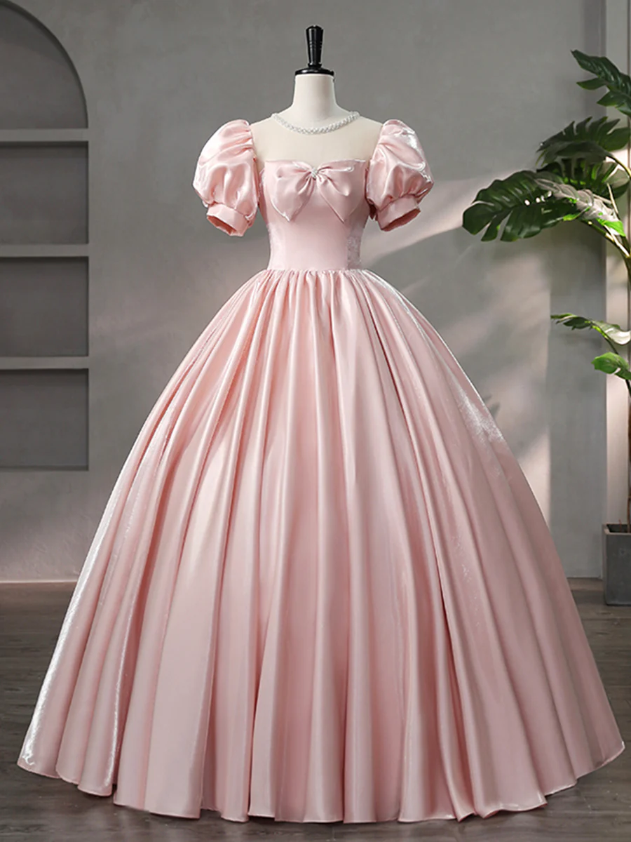 Beautiful Pink Scoop Neck Satin Floor Length Prom Dress, A-line Short Sleeve Evening Dress With Bow