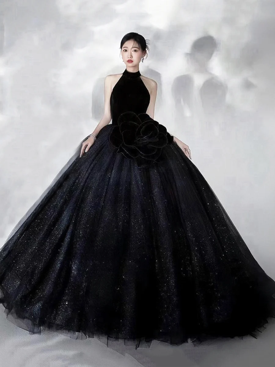 Black Halter Shiny Tulle Long Ball Gown, Black A-line Backless Formal Dress