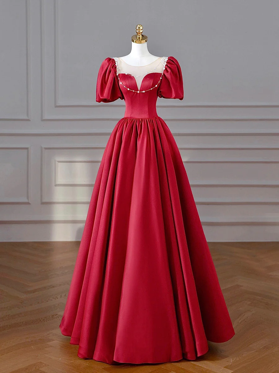 Elegant Ruby Red Satin Ball Gown With Pearl Accents